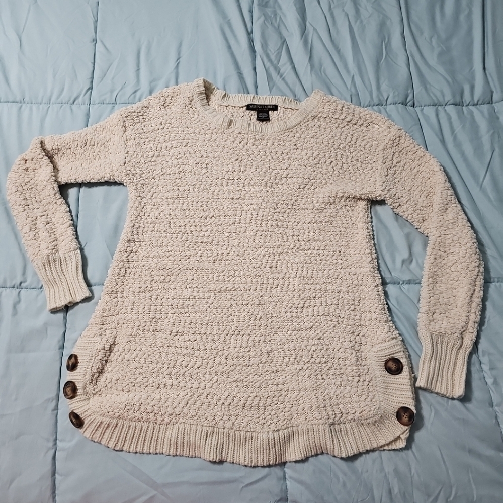 Sabrina Lauren Beige Cozy Stretch Popcorn Sweater Side Button Accent Size M